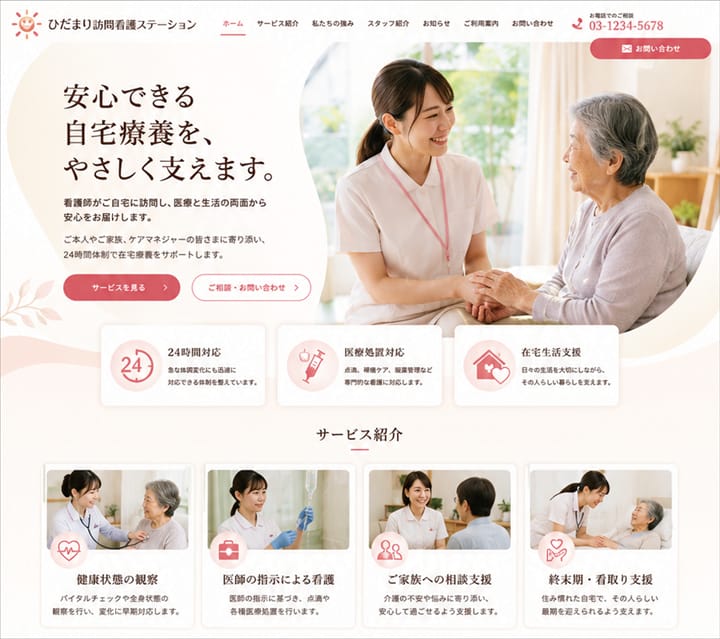 訪問看護ステーションを想定したスマートフォン向けホームページデザインサンプル