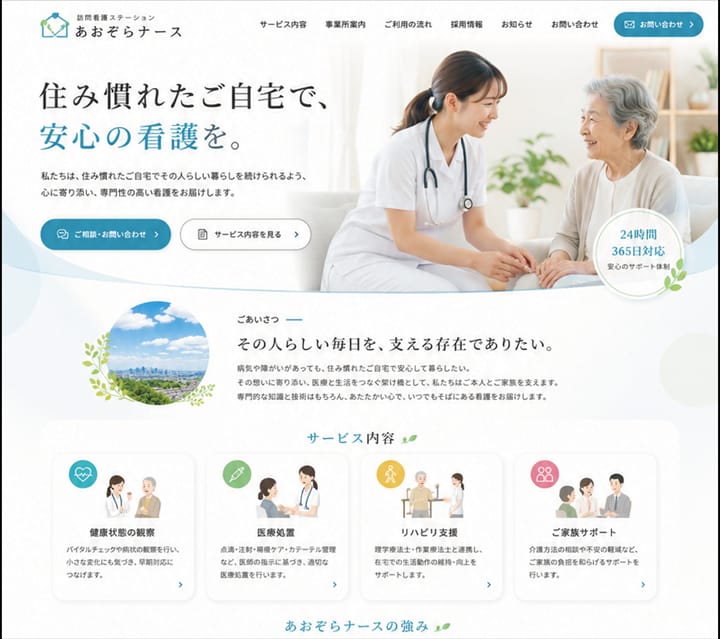 訪問看護ステーションを想定したスマートフォン向けホームページデザインサンプル